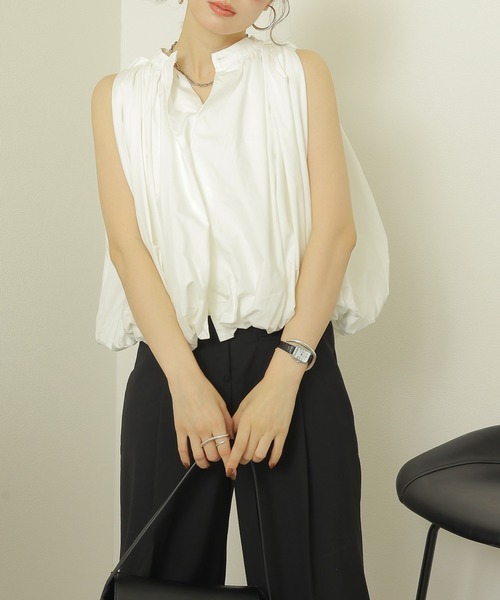 LAULEN（ローレン）の「sleeveless balloon shirt /スタンドカラー比翼スリーブレスバルーンシャツ（シャツ/ブラウス・レディース・ホワイト・FREE）」の8枚目の写真