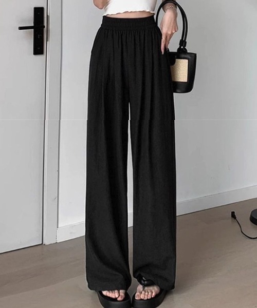 gossip!ロサンゼルス(ゴシップロサンゼルス)の「YUAG ハイウエスト ドレープ ストレートパンツ(その他パンツ・レディース・ブラック/ホワイト・M/L)」の2枚目の写真