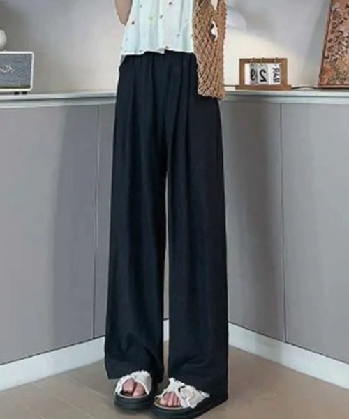 gossip!ロサンゼルス(ゴシップロサンゼルス)の「YUAG ハイウエスト ドレープ ストレートパンツ(その他パンツ・レディース・ブラック/ホワイト・M/L)」の3枚目の写真