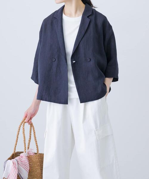 かぐれ　リネンハーフスリーブジャケット　タグ付き新品　ネイビー かぐれ（カグレ）の「リネンハーフスリーブジャケット（その他アウター
