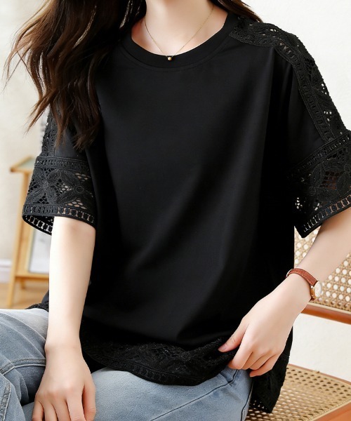 ONEP STAR(ワンピスター)の「ポイントレースシースルートップス(Tシャツ/カットソー・レディース・ベージュ/ホワイト/ダークブラウン/ブラック・FREE)」の3枚目の写真