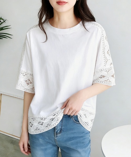 ONEP STAR(ワンピスター)の「ポイントレースシースルートップス(Tシャツ/カットソー・レディース・ベージュ/ホワイト/ダークブラウン/ブラック・FREE)」の22枚目の写真