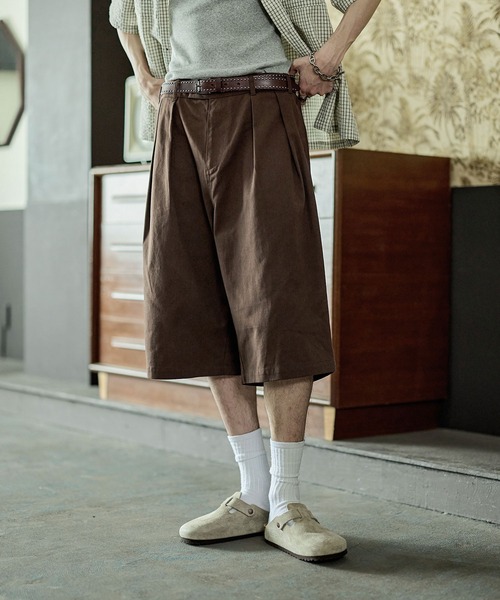 Bleme（ブレム）の「ヘビーツイル ワイドストレート ダブルインタック グルカチノショートパンツ（チノパンツ・メンズ・ブラウン/ブラック/カーキ・S/M/L/XL）」の21枚目の写真