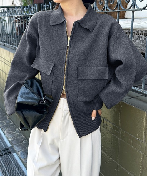 セール】ダブルジップ襟付きニットブルゾン（カーディガン/ボレロ