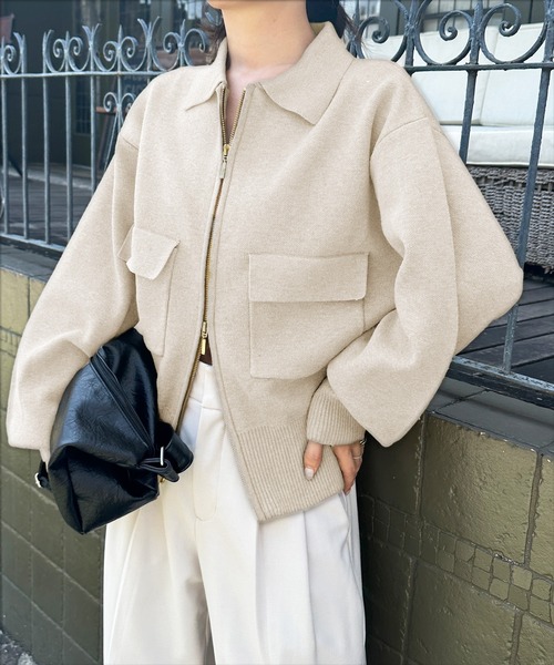 solleim（ソルレム）の「ダブルジップ襟付きニットブルゾン（カーディガン/ボレロ・レディース・アイボリー/マスタード/チャコール・M/L）」の2枚目の写真