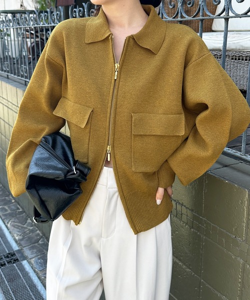 solleim（ソルレム）の「ダブルジップ襟付きニットブルゾン（カーディガン/ボレロ・レディース・アイボリー/マスタード/チャコール・M/L）」の3枚目の写真