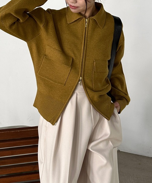 solleim（ソルレム）の「ダブルジップ襟付きニットブルゾン（カーディガン/ボレロ・レディース・アイボリー/マスタード/チャコール・M/L）」の5枚目の写真