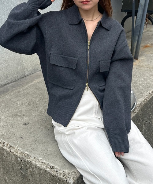 solleim（ソルレム）の「ダブルジップ襟付きニットブルゾン（カーディガン/ボレロ・レディース・アイボリー/マスタード/チャコール・M/L）」の8枚目の写真