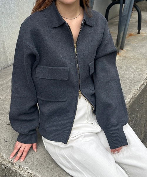 solleim（ソルレム）の「ダブルジップ襟付きニットブルゾン（カーディガン/ボレロ・レディース・アイボリー/マスタード/チャコール・M/L）」の9枚目の写真