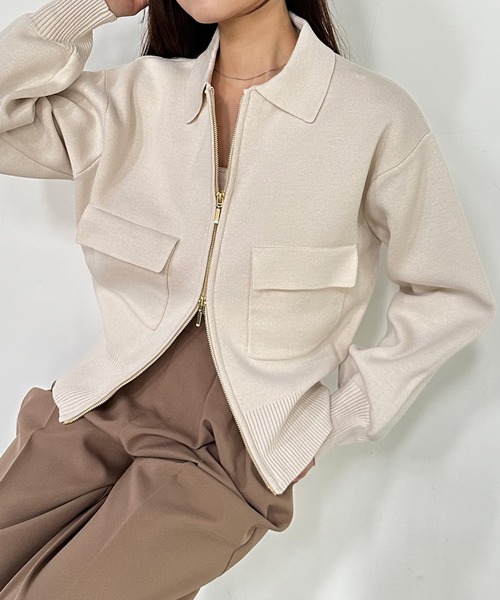 solleim（ソルレム）の「ダブルジップ襟付きニットブルゾン（カーディガン/ボレロ・レディース・アイボリー/マスタード/チャコール・M/L）」の11枚目の写真