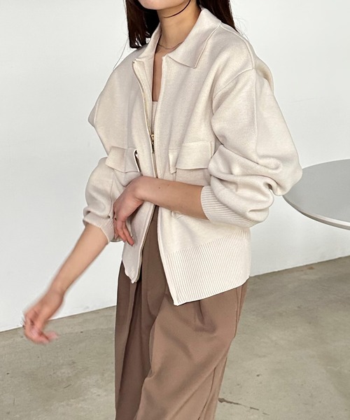セール】ダブルジップ襟付きニットブルゾン（カーディガン/ボレロ