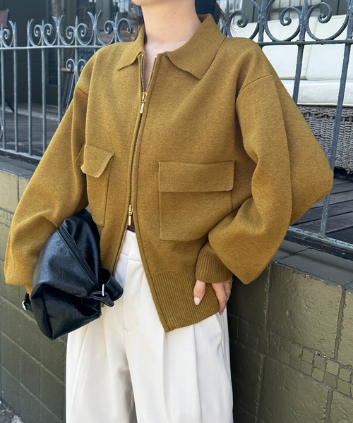 solleim（ソルレム）の「ダブルジップ襟付きニットブルゾン（カーディガン/ボレロ・レディース・アイボリー/マスタード/チャコール・M/L）」の21枚目の写真