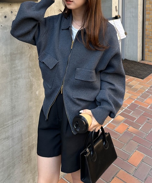 セール】ダブルジップ襟付きニットブルゾン（カーディガン/ボレロ