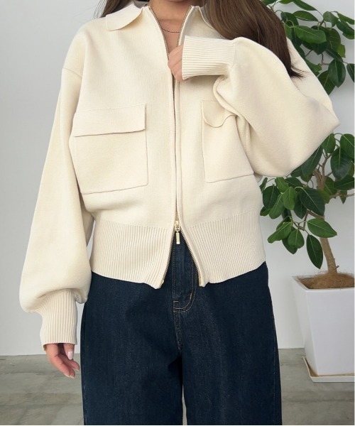 セール】ダブルジップ襟付きニットブルゾン（カーディガン/ボレロ