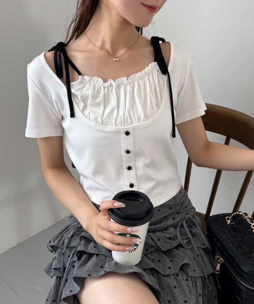 one after another NICE CLAUP(ワンアフターアナザーナイスクラップ)の「【WEB限定】レイヤード半袖トップストップス(Tシャツ/カットソー・レディース・オフホワイト/ブラック系その他/ブラック/ホワイト系その他・FREE)」の2枚目の写真