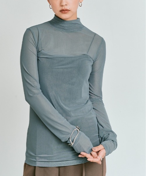 W:Huku（フーク）の「ストレッチ メッシュ ハイネック トップス / Sheer Stretch Mesh Mock Neck Top（Tシャツ/カットソー・レディース・ブラウン/ブルー系/チャコール/クリーム/ブラック・FREE）」の5枚目の写真