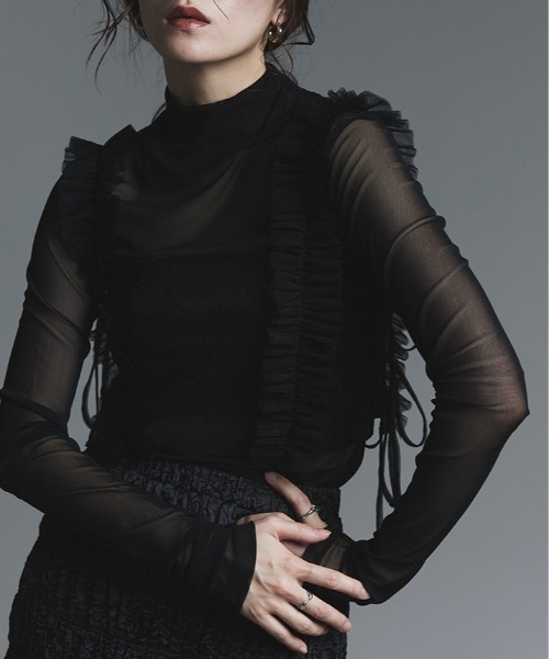 W:Huku（フーク）の「ストレッチ メッシュ ハイネック トップス / Sheer Stretch Mesh Mock Neck Top（Tシャツ/カットソー・レディース・ブラウン/ブルー系/チャコール/クリーム/ブラック・FREE）」の2枚目の写真