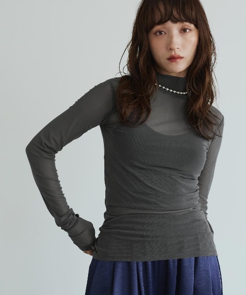 W:Huku（フーク）の「【新色追加】ストレッチ メッシュ ハイネック シアー トップス / Sheer Stretch Mesh Mock Neck Top（Tシャツ/カットソー・レディース・ブラウン/ブルー系/チャコール/クリーム/ブラック/イエロー/バーガンディー・FREE）」の20枚目の写真