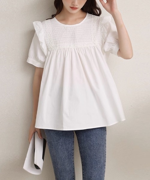 Beststore(ベストストア)の「フリル 半袖シャツブラウス(シャツ/ブラウス・レディース・ホワイト/グリーン/ブラック・FREE)」の4枚目の写真