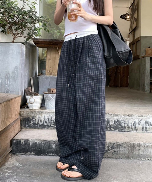 MAISON DE THERESE(メゾン ド テレーズ)の「ウエスト紐チェック柄ワイドパンツ(その他パンツ・レディース・ネイビー・M)」の2枚目の写真