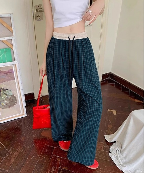 MAISON DE THERESE(メゾン ド テレーズ)の「ウエスト紐チェック柄ワイドパンツ(その他パンツ・レディース・ネイビー・M/L)」の2枚目の写真