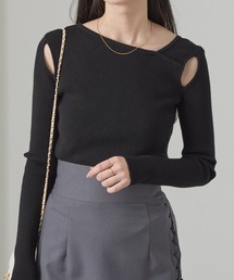 Cieluna | 【Cieluna】アシンメトリーネックカットオフリブニットトップス(ニット/セーター)