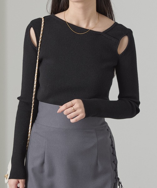 Cieluna（シエルナ）の「【Cieluna】アシンメトリーネックカットオフリブニットトップス（ニット/セーター・レディース・ネイビー/ベージュ/チャコールグレー/オフホワイト/ボルドー/ブラウン/ブラック・L/M）」の11枚目の写真