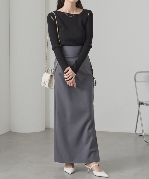 Cieluna（シエルナ）の「【Cieluna】アシンメトリーネックカットオフリブニットトップス（ニット/セーター・レディース・ネイビー/ベージュ/チャコールグレー/オフホワイト/ボルドー/ブラウン/ブラック・L/M）」の15枚目の写真