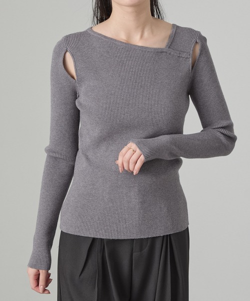 セール】【Cieluna】アシンメトリーネックカットオフリブニット