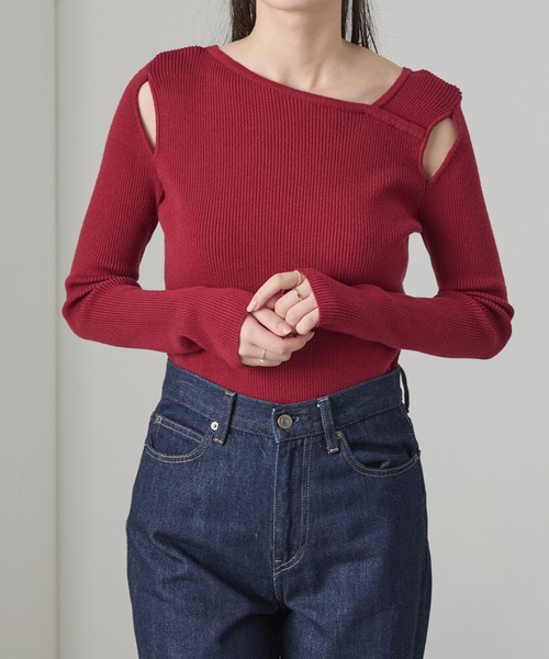 美品✨️慈雨 2023年 マルチカラー ボトルネック ニット アシンメトリー L セール】【Cieluna】アシンメトリーネックカットオフリブニット