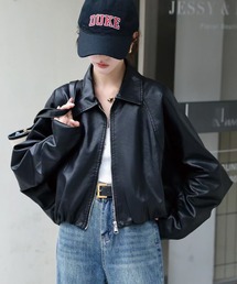 ADDITION STORE（アディションストア）の「(トレンドのショート丈、ワイドシルエット♪）衿付き ワイドシルエット フェイク レザージャケット (ドルマンスリーブデザインが◎）/ Collared Wide Silhouette Faux Leather Jacket（ライダースジャケット・レディース）」