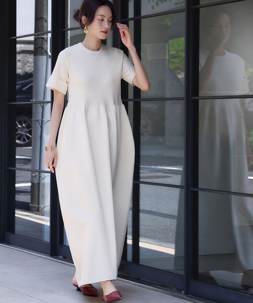 セール】【2025AW】半袖コクーンニットワンピース ロングワンピース