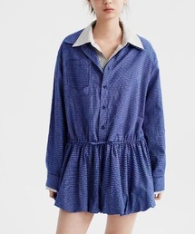 gossip！ロサンゼルス（ゴシップロサンゼルス）の「チェック柄シャツ風 バルーンミニワンピース　（ウエストシェーピングデザイン）（ジャンパースカート・レディース）」