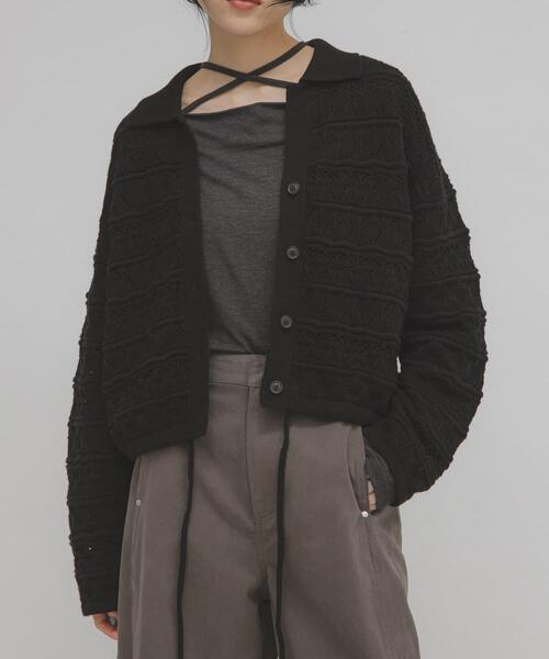セール】透かし編みキーネックカーディガン（カーディガン/ボレロ