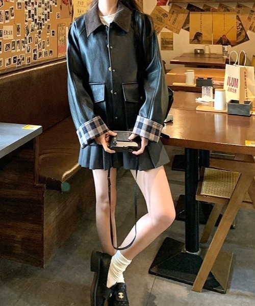 セール】チェックカフスフェイクレザーブルゾン（ブルゾン）｜SHEENA