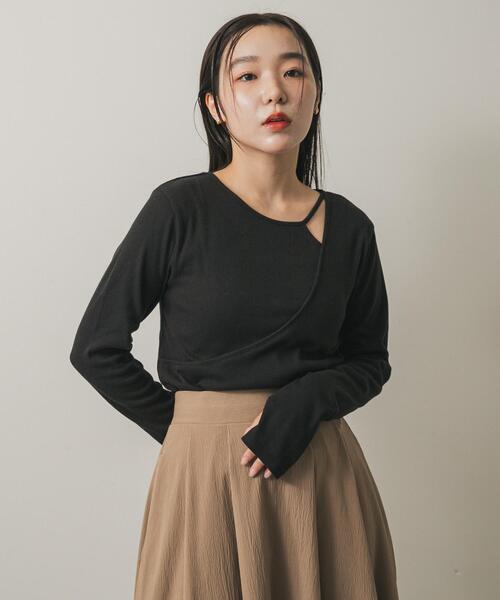SENSE OF PLACE by URBAN RESEARCH（センスオブプレイスバイアーバンリサーチ）の「アシンメトリーリブコンパクトトップ（Tシャツ/カットソー・レディース・オフホワイト/ブラック/キャメル・ONE）」の5枚目の写真
