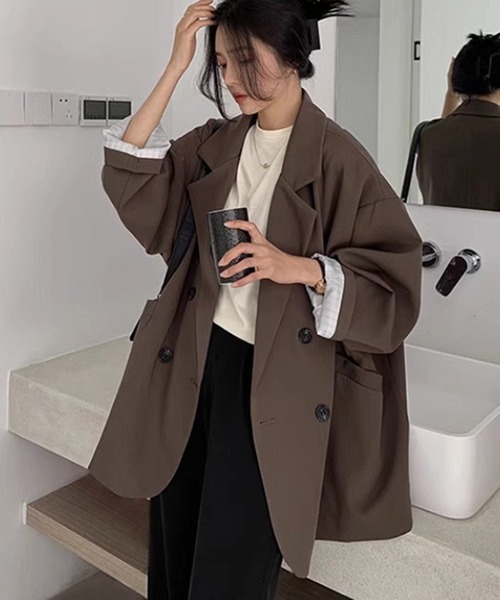 WESTSEA(ウエストシー)の「ゆったりシルエット ダブルテーラードジャケット(テーラードジャケット・レディース・ブラウン/アイボリー/ブラック・L/M/S)」の3枚目の写真