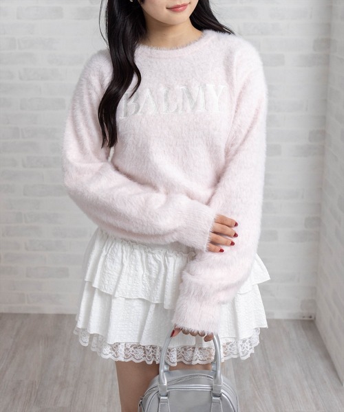 ロゴ刺繍フェザーニットトップス［大人 カジュアル 着回し力抜群］≪AW