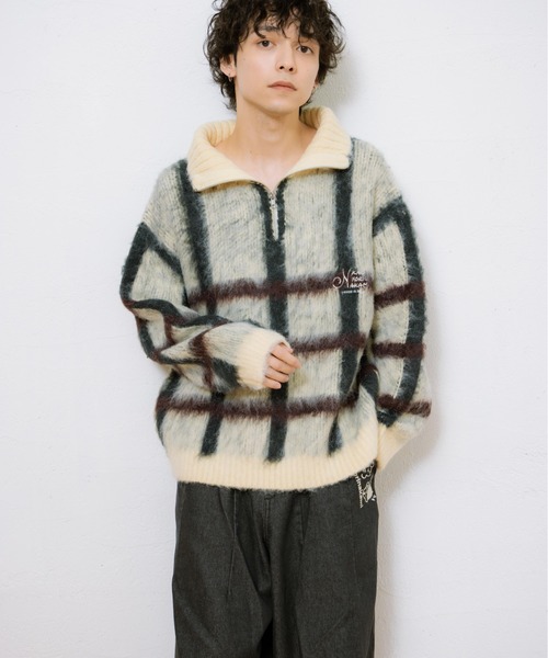 check half zip knit / チェックハーフジップニット