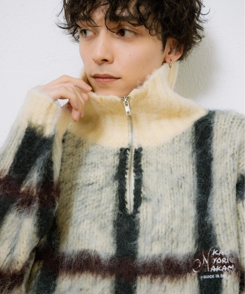kaoyorinakami（カオヨリナカミ）の「check half zip knit / チェックハーフジップニット（ニット/セーター・メンズ・アイボリー/ネイビー・SMALL/MEDIUM/LARGE/X-LARGE）」の4枚目の写真