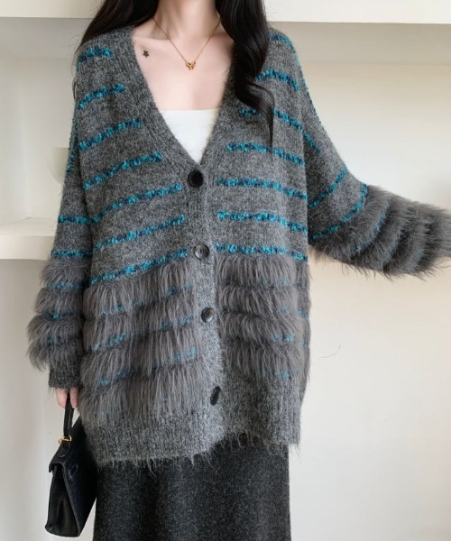 ABITOKYO（アビトーキョー）の「オーバーサイズファードッキングボーダーカーディガン（カーディガン/ボレロ・レディース・モカ/ベージュ/グレー・FREE）」の2枚目の写真