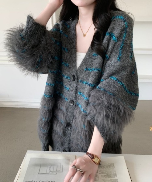 ABITOKYO（アビトーキョー）の「オーバーサイズファードッキングボーダーカーディガン（カーディガン/ボレロ・レディース・モカ/ベージュ/グレー・FREE）」の6枚目の写真