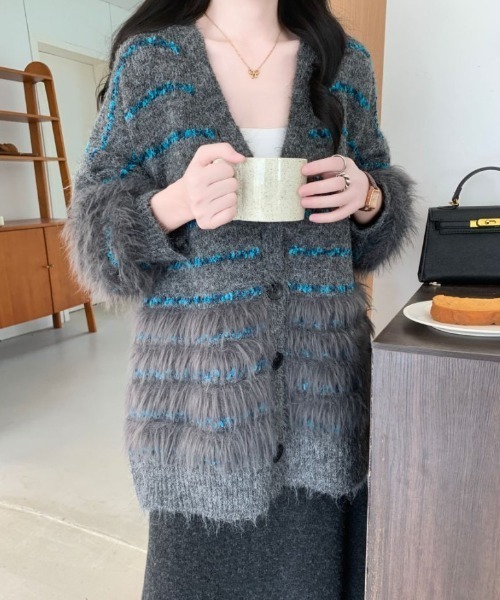 ABITOKYO（アビトーキョー）の「オーバーサイズファードッキングボーダーカーディガン（カーディガン/ボレロ・レディース・モカ/ベージュ/グレー・FREE）」の7枚目の写真