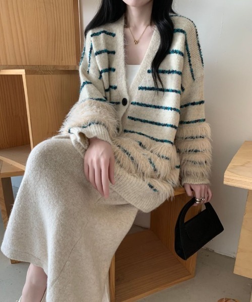 ABITOKYO（アビトーキョー）の「オーバーサイズファードッキングボーダーカーディガン（カーディガン/ボレロ・レディース・モカ/ベージュ/グレー・FREE）」の12枚目の写真