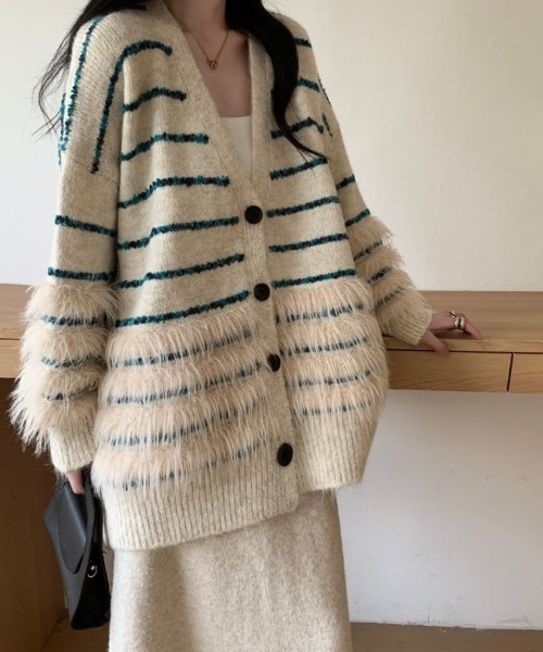 ABITOKYO（アビトーキョー）の「オーバーサイズファードッキングボーダーカーディガン（カーディガン/ボレロ・レディース・モカ/ベージュ/グレー・FREE）」の16枚目の写真