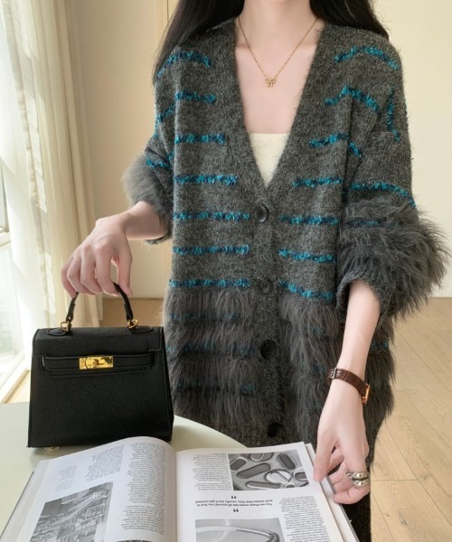 ABITOKYO（アビトーキョー）の「オーバーサイズファードッキングボーダーカーディガン（カーディガン/ボレロ・レディース・モカ/ベージュ/グレー・FREE）」の5枚目の写真