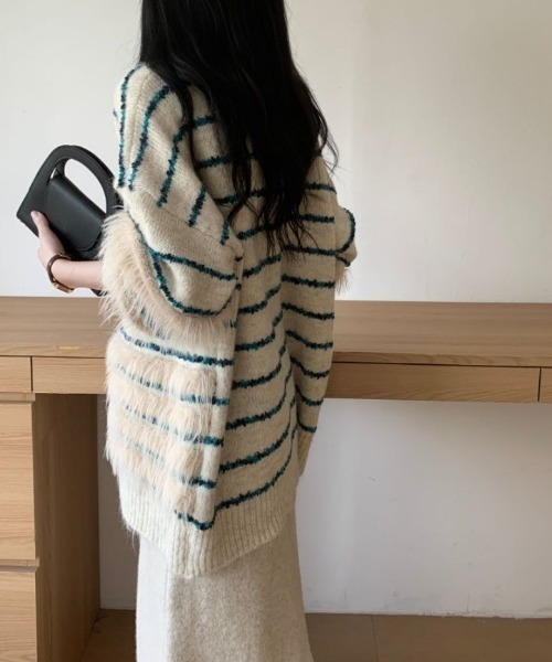 ABITOKYO（アビトーキョー）の「オーバーサイズファードッキングボーダーカーディガン（カーディガン/ボレロ・レディース・モカ/ベージュ/グレー・FREE）」の9枚目の写真