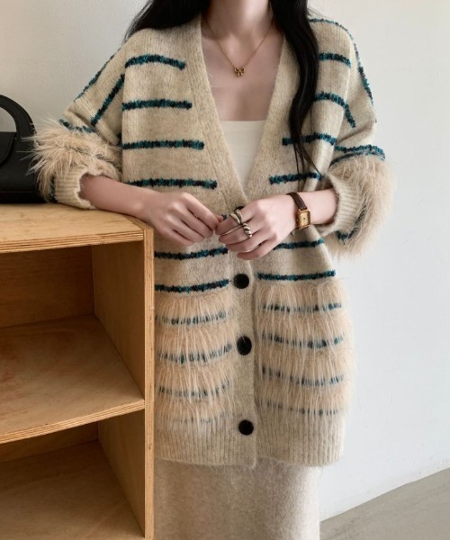 ABITOKYO（アビトーキョー）の「オーバーサイズファードッキングボーダーカーディガン（カーディガン/ボレロ・レディース・モカ/ベージュ/グレー・FREE）」の10枚目の写真