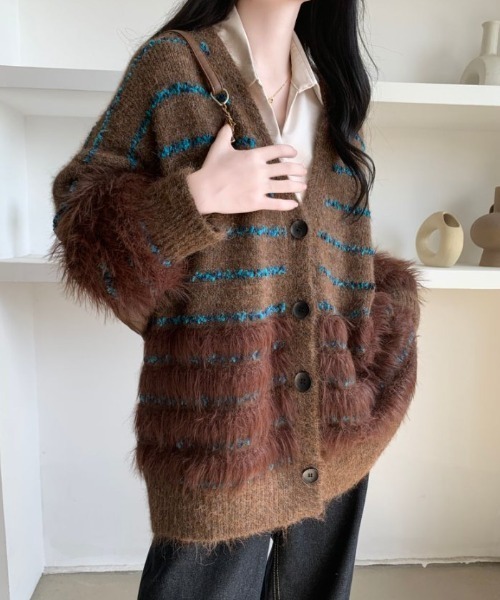 ABITOKYO（アビトーキョー）の「オーバーサイズファードッキングボーダーカーディガン（カーディガン/ボレロ・レディース・モカ/ベージュ/グレー・FREE）」の21枚目の写真