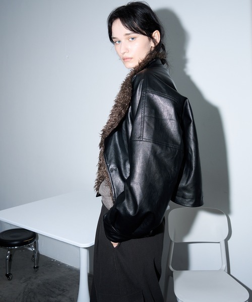 tageechita(タジチタ)の「【tageechita】フェイクレザー×ボア切替ショートジャケット(ブルゾン・レディース・ブラック・S/M)」の10枚目の写真